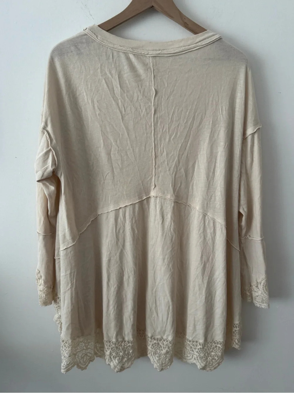 Free People Cream Lace-Trim Long Sleeve Tee